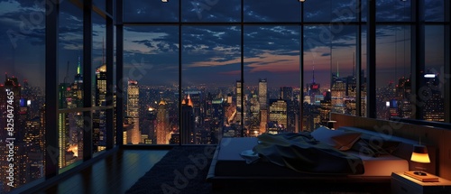 A stunning view of a modern city at night from a penthouse.