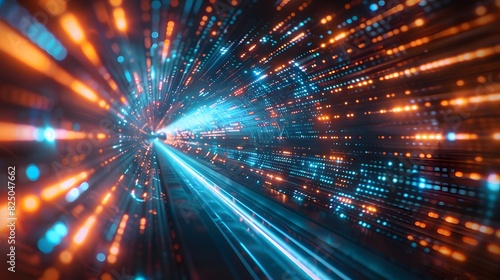 A futuristic digital tunnel of light and data  with glowing blue and orange lines representing fast Tower  creating an abstract background for technologythemed designs. 