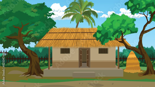 village hut. Indian house in a village with roof made of straws and walls made of clay. farmer house background