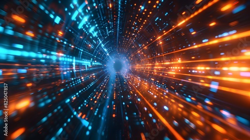 A futuristic digital tunnel of light and data, with glowing blue and orange lines representing fast Tower, creating an abstract background for technologythemed designs.
 photo