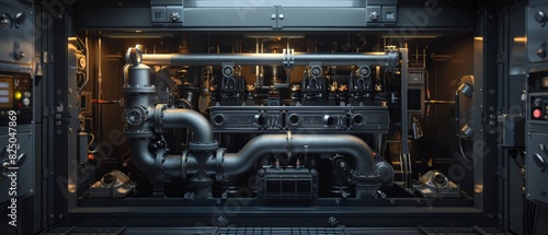 The image shows a steampunk style machine with pipes and gauges. photo