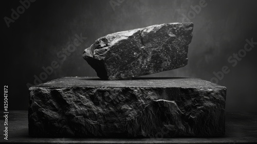 A black and white rock photographed on a transparent background, enhancing its texture and shape details photo