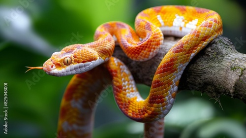 An image of a corn snake wrapped around a sturdy branch.