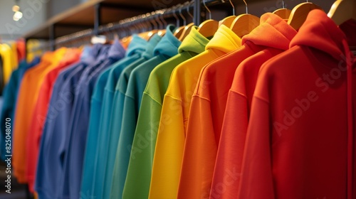 Image of many hoodies with bright colors on hangers in a fashionable store.