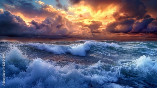 Image of stormy ocean waves beneath a darkening sky as dusk approaches. photo