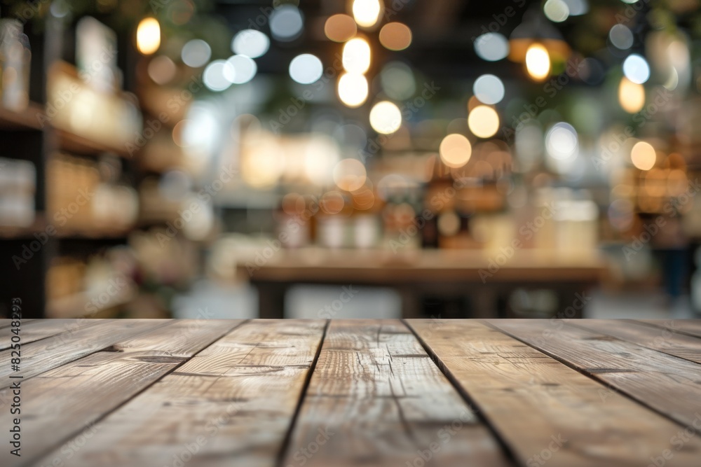 A wooden table top with out-of-focus lights in the background A wooden table top with out-of-focus lights in the background