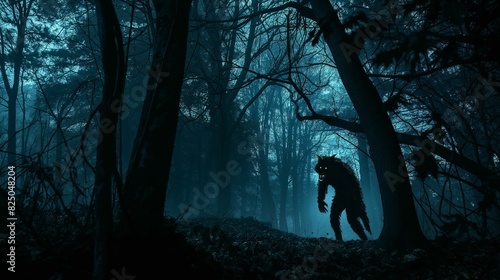 Werewolf silhouette, in a dark forest.