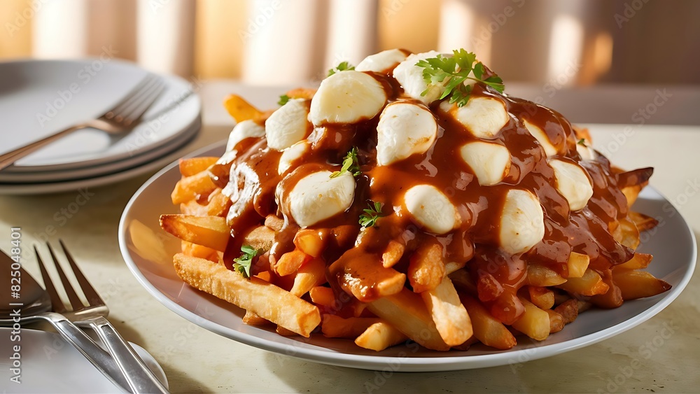 A mouthwatering close-up food photograph showcasing a classic Canadian poutine A mouthwatering close-up food photograph showcasing a classic Canadian poutine