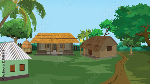 Indian village house with nature background. Asian village scene. Village farm house old Indian rural house, village house. Village hut. A beautiful village with cowshed, trees in the background