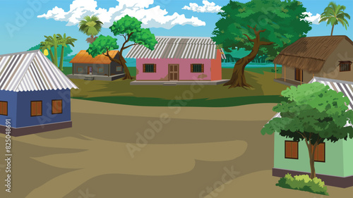 Indian village house with nature background. Asian village scene. Village farm house old Indian rural house, village house. Village hut. A beautiful village with cowshed, trees in the background