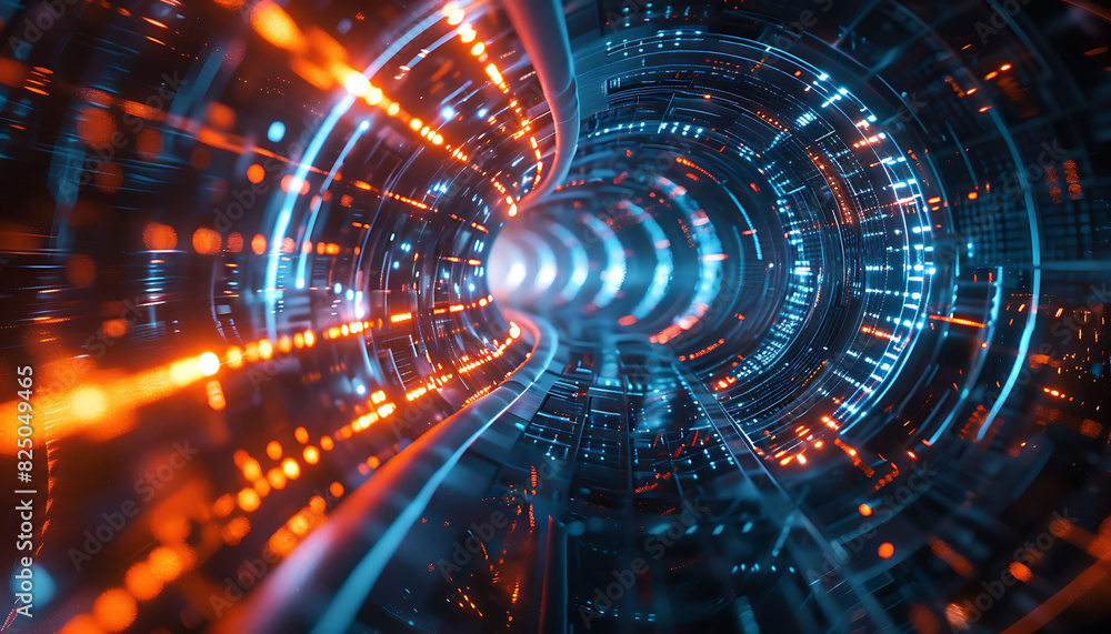 Abstract visual of high-speed broadband connectivity, showcasing a dynamic tunnel of blue and orange lights, representing the rapid flow of data and advanced digital technology