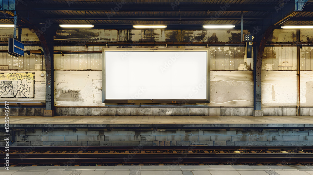 a blank empty canvas poster screen board hanging on a wall at a railway station a blank empty canvas poster screen board hanging on a wall at a railway station