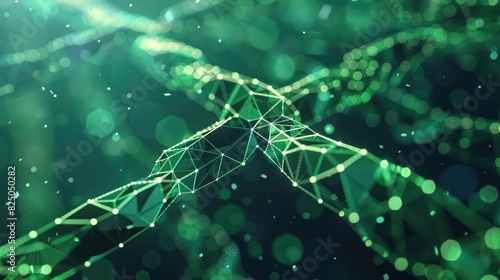 Block chain technology concept. Big data visualization. Artificial intelligence. Green network connection structure. Abstract digital background with matrix. 3d photo