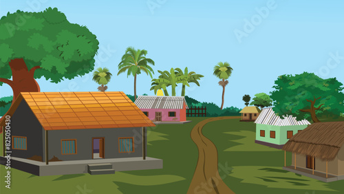 Indian village house with nature background. Asian village scene. Village farm house old Indian rural house, village house. Village hut. A beautiful village with cowshed, trees in the background