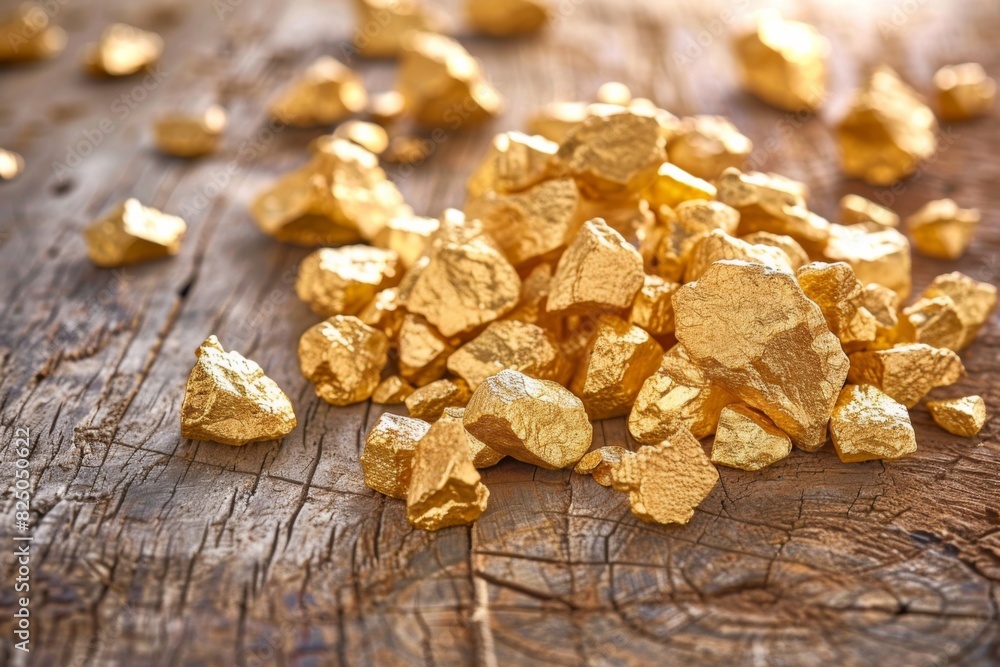 A pile of gold rocks on a wooden surface A pile of gold rocks on a wooden surface
