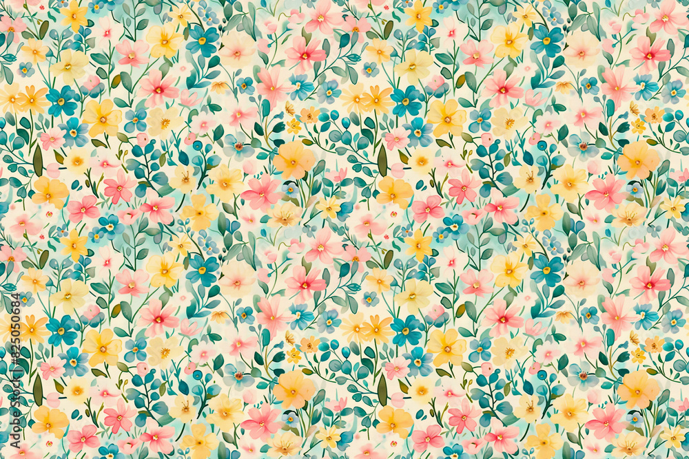 Seamless delicate floral pattern with pastel flowers and green leaves on a light background, perfect for textiles and wallpaper Seamless delicate floral pattern with pastel flowers and green leaves on a light background, perfect for textiles and wallpaper