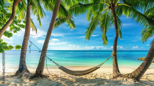 Tropical island with palm trees, white sandy beach, turquoise water, hammock between trees, peaceful and relaxing, ideal vacation spot, summer escape, copy space. © vlabcolor