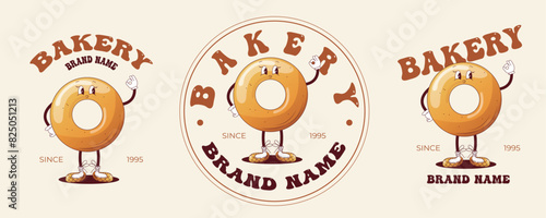 A set of logos for a bakery with a funny character bagel in retro style. The bakery's logo is in vintage style with a cheerful bagel mascot for branding.