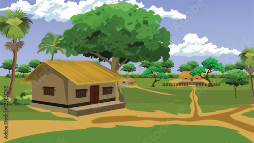 Cartoon background village scene vector illustration with old houses . Indian hut home landscape vector