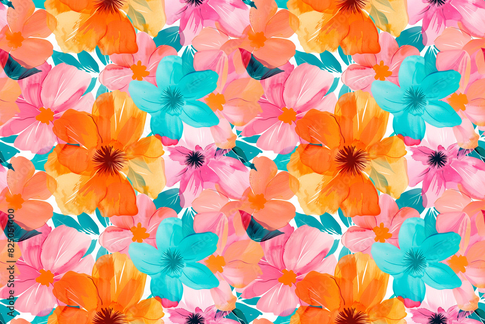 Fototapeta premium Vibrant floral pattern with orange, pink, and turquoise flowers, seamless design perfect for textiles and tiles, featuring colorful and cheerful blossoms