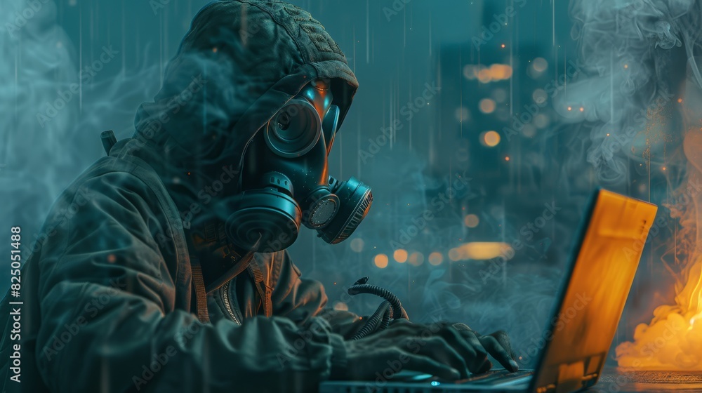 Eerie scene of a man in a gas mask typing on a laptop, surrounded by digital code, mysterious hacker ambiance Eerie scene of a man in a gas mask typing on a laptop, surrounded by digital code, mysterious hacker ambiance