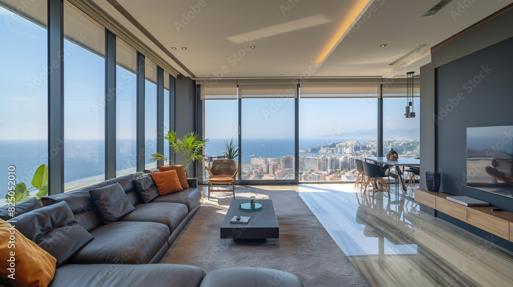 Stylish urban apartment with panoramic views of the city skyline and sea Contemporary interior with floor-to-ceiling windows highlighting sophisticated city living