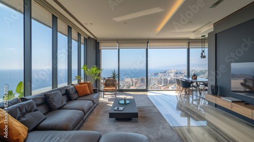 Stylish urban apartment with panoramic views of the city skyline and sea Contemporary interior with floor-to-ceiling windows highlighting sophisticated city living