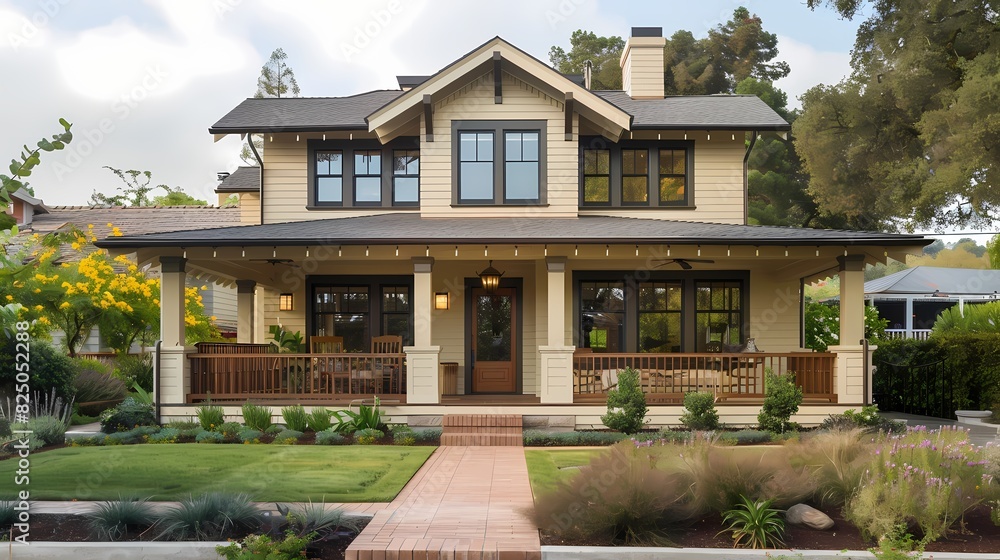 Develop a craftsman-style home with a classic cream-colored exterior