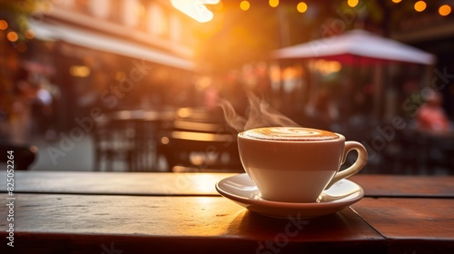 A steaming cup of coffee sitting on an outdoor cafe table during a warm sunset  creating a cozy and inviting atmosphere.