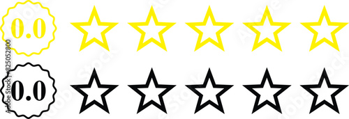 0 star rating, rate us, review vector icon set isolated on white background. icons for game, rating, ui, feedback, website.  Product rating or customer review with gold n black full and half star  photo
