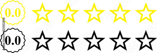 0 star rating, rate us, review vector icon set isolated on white background. icons for game, rating, ui, feedback, website.  Product rating or customer review with gold n black full and half star 