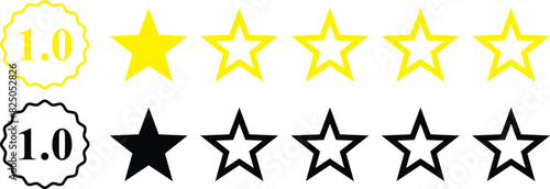 1 star rating, rate us, review vector icon set isolated on white background. icons for game, rating, ui, feedback, website.  Product rating or customer review with gold n black full and half star 