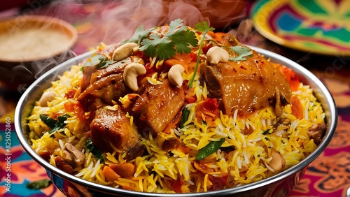 A mouth-watering, close-up food photograph of a steaming plate of biryani