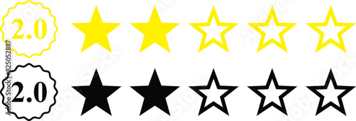 2 star rating, rate us, review vector icon set isolated on white background. icons for game, rating, ui, feedback, website.  Product rating or customer review with gold n black full and half star 