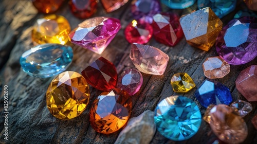 Colorful Collection of Sparkling Gemstones on Wooden Surface