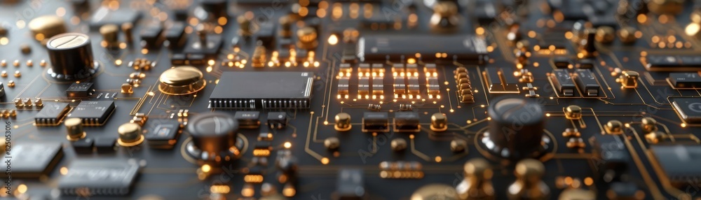 detailed circuit board with financial data nodes representing pension fund computations, Scifi, Metallic tones, detailed circuit board with financial data nodes representing pension fund computations, Scifi, Metallic tones,