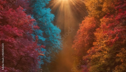 Sunbeams pierce through the vibrant foliage of an enchanted autumnal forest, casting a magical atmosphere.