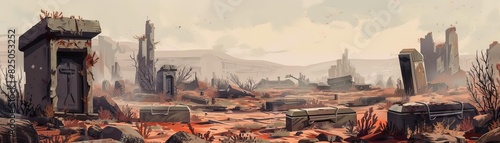 A funeral in a postapocalyptic world, with makeshift caskets and desolate landscape, dystopian, digital painting, muted colors photo