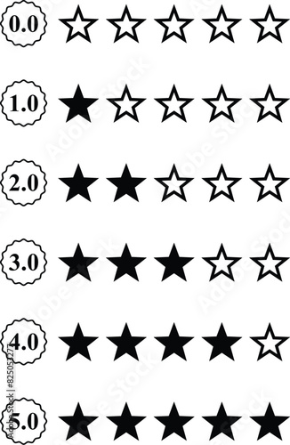 0 to 5 star rating, rate us, review vector icon set isolated on white background. icons for game, rating, ui, feedback, website.  Product rating or customer review with black full and half star 