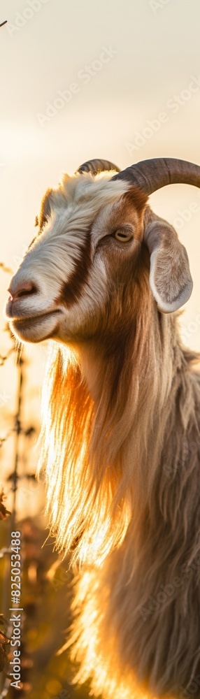 Beautiful goat with long fur and majestic horns standing in a golden field at sunset, showcasing the serene beauty of nature.