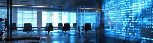 A highsecurity legal office with encrypted files projected on glass walls  cyberpunk  photorealistic  cool tones