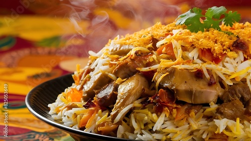 A mouth-watering, close-up food photograph of a steaming plate of biryani