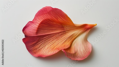 Single rose petal with vibrant shades of red, orange, and yellow, placed on a plain white background