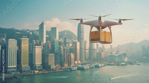 Drone transporting a package over a vibrant city  background filled with high-rise buildings  clear day