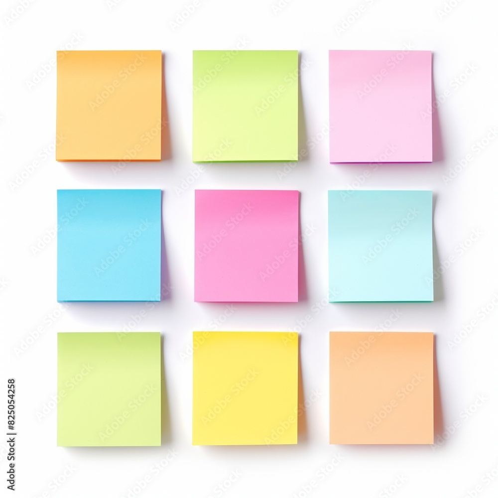 Colorful sticky notes arranged in a grid pattern on a white background, useful for reminders, organizing, and office work. Colorful sticky notes arranged in a grid pattern on a white background, useful for reminders, organizing, and office work.