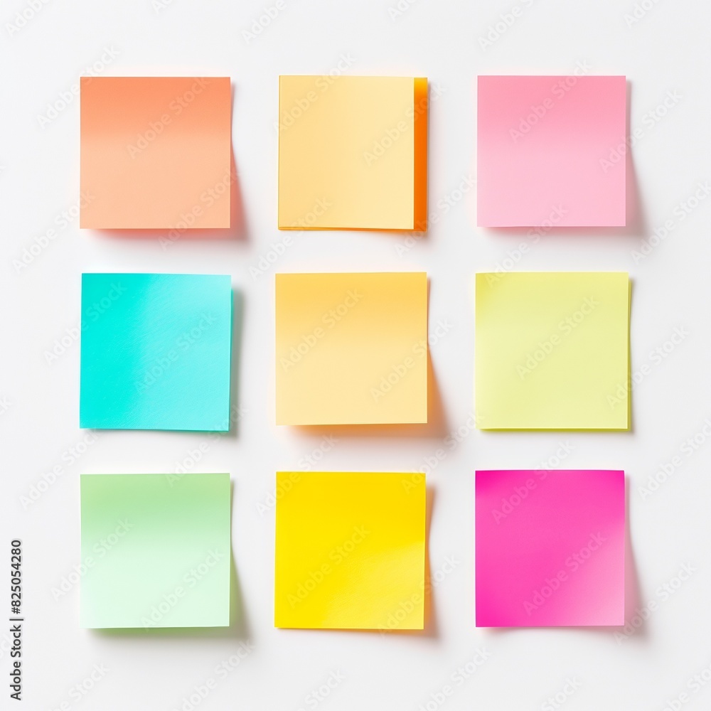 Colorful sticky notes arranged in a grid pattern on a white background. Ideal for office or school-themed designs and projects. Colorful sticky notes arranged in a grid pattern on a white background. Ideal for office or school-themed designs and projects.