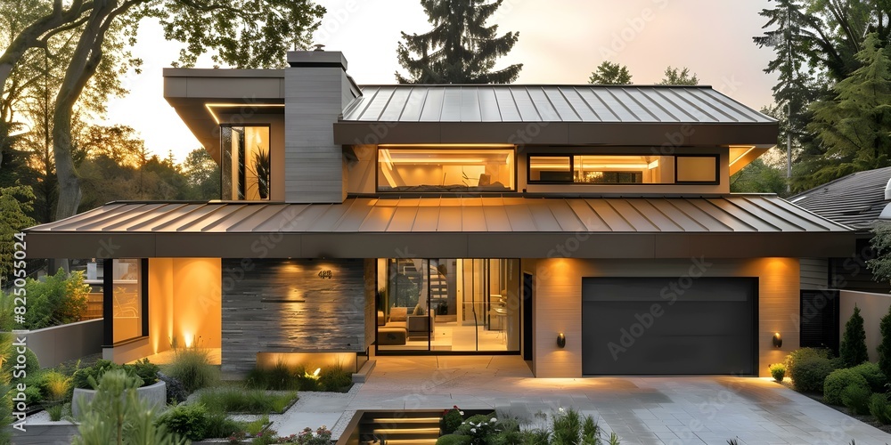 Sleek industrial touch of a modern house with a corrugated metal roof. Concept Modern Architecture, Corrugated Metal Roof, Industrial Aesthetic, Sleek Design, Contemporary Home Sleek industrial touch of a modern house with a corrugated metal roof. Concept Modern Architecture, Corrugated Metal Roof, Industrial Aesthetic, Sleek Design, Contemporary Home