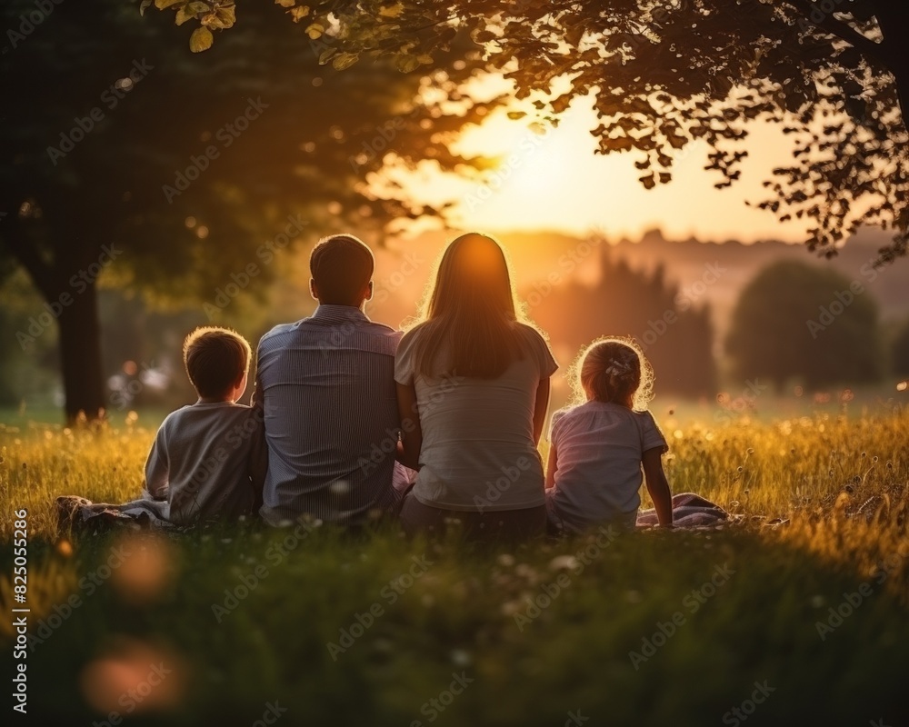 Family of four sitting on grass, watching sunset together, creating a warm and peaceful outdoor moment. Trees and nature in the background. Family of four sitting on grass, watching sunset together, creating a warm and peaceful outdoor moment. Trees and nature in the background.
