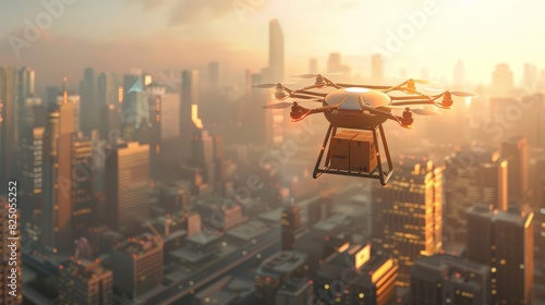Delivery drone in mid-flight carrying a package, bustling city skyline backdrop, daytime