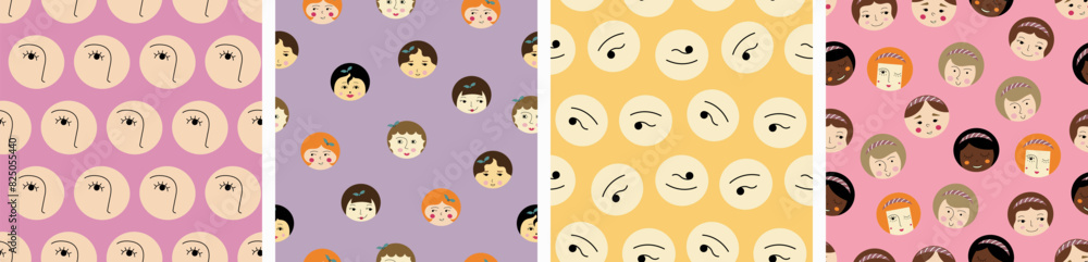 Fototapeta premium Set of four patterns, attractive girlish faces. Different repeatable prints, woman guise, creative branding design.